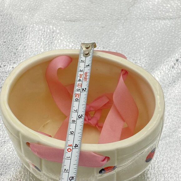 Hand-Painted Ceramic Planter Ladybug Basket White Pink Ribbon Handles Candy Dish - Picture 7 of 9